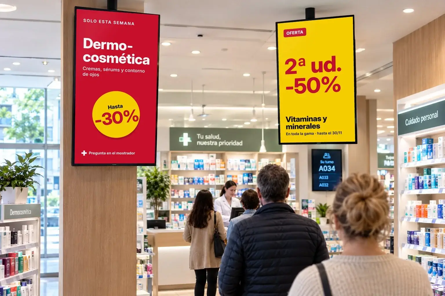 Interior de farmacia con pantallas digitales de promociones