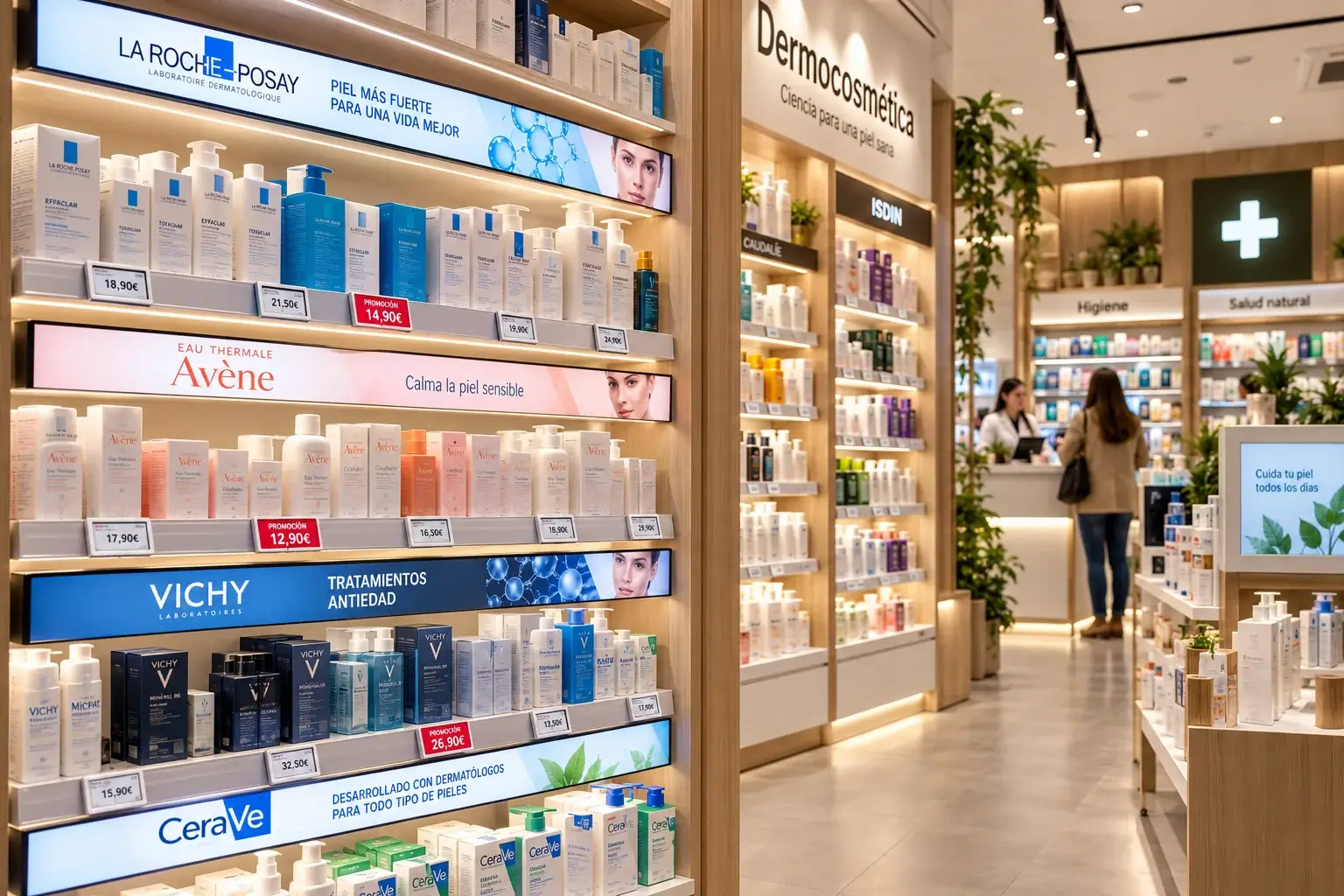 Mural de farmacia con raíles LCD de varias marcas